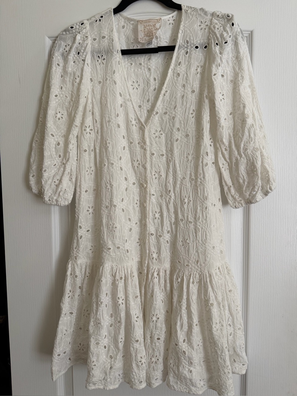 Johnny Was Women’s White Eyelet V-Neck Tiered Dress